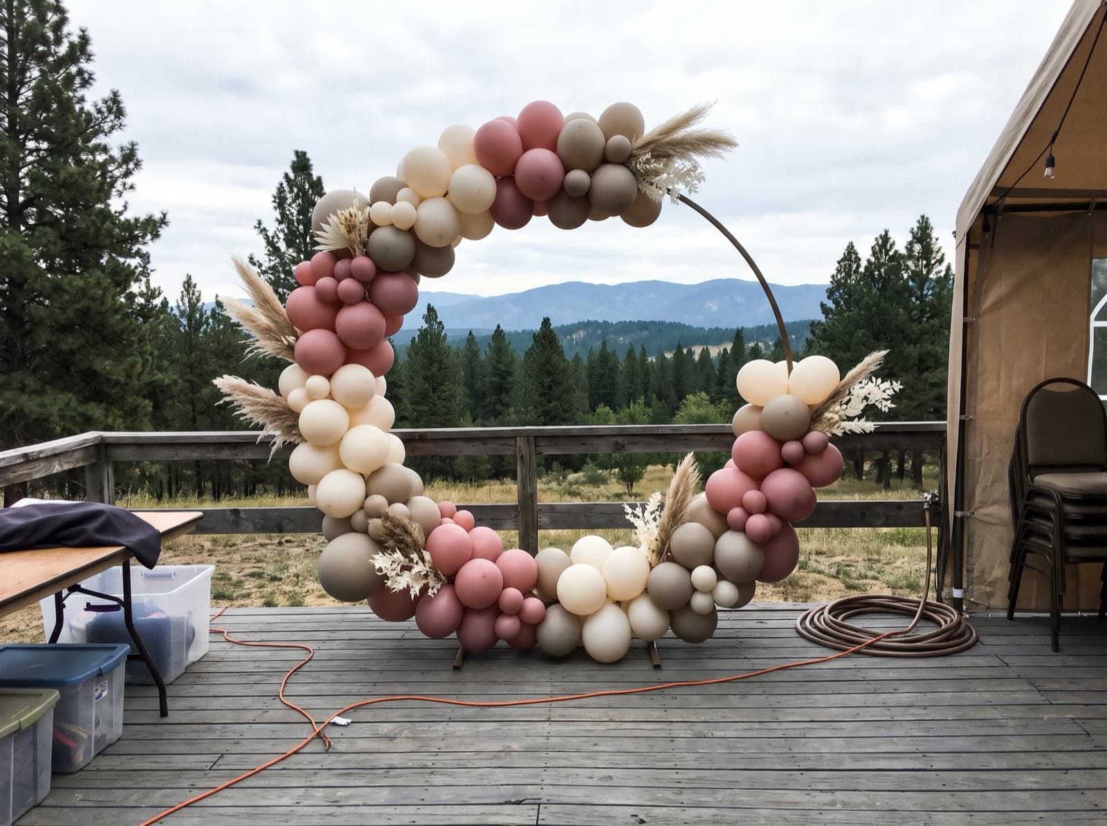 Round balloon arch with dried pampas on a deck with pine trees behind